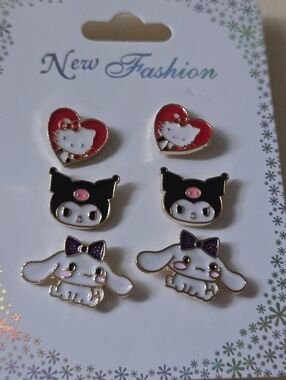 Sanrio Character Stud Earring Set - White, Black, Red, Purple